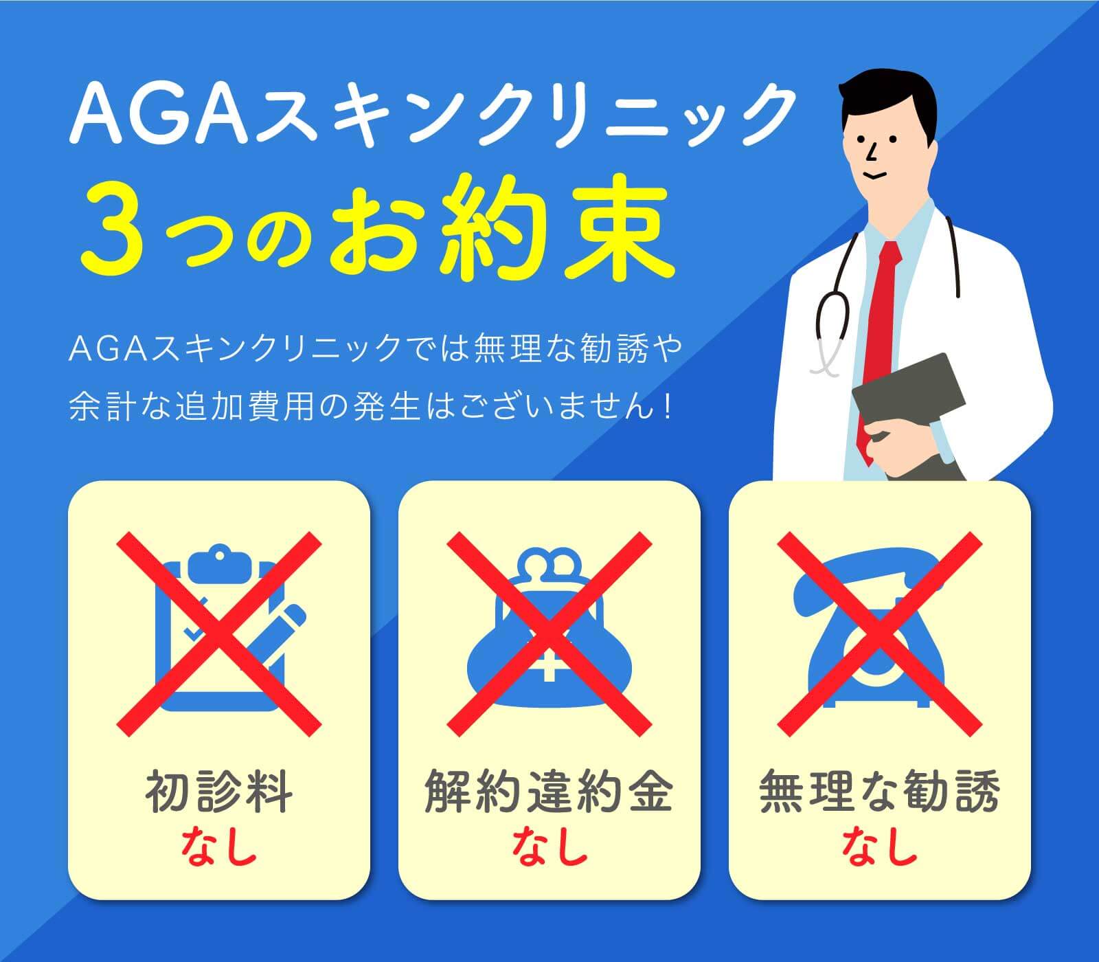 AGAスキンクリニック３つのお約束・初診料なし・解約違約金なし・無理な勧誘なし